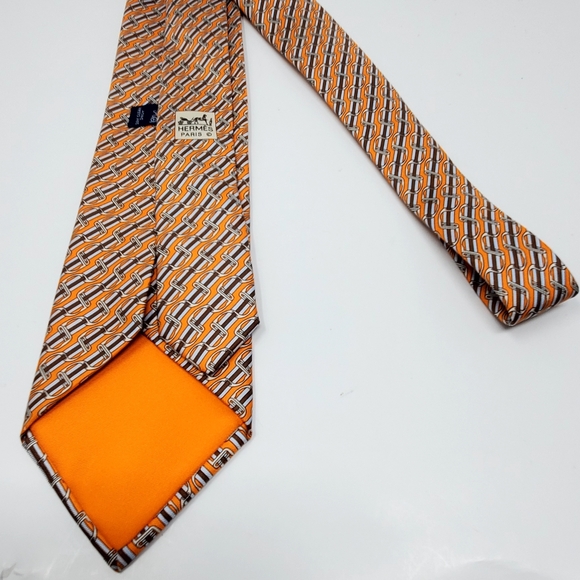 Hermes colorful Orange/grey belt and bit printed 100% Silk tie Exce. Condition - Picture 6 of 10
